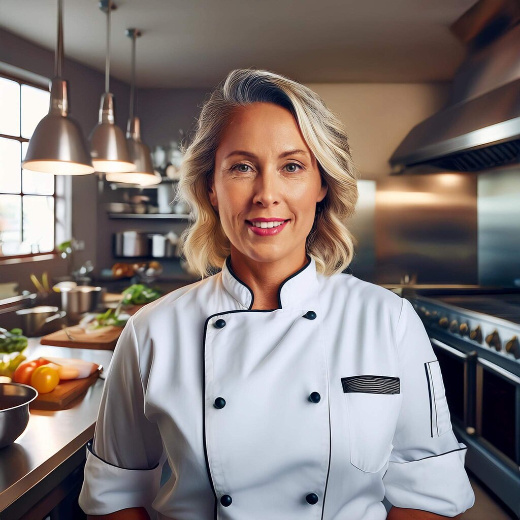 Professional female chef in a modern kitchen, wearing a white chef's uniform. Blonde woman smiling, with kitchen utensils and fresh ingredients in the background, ready to prepare a delicious meal